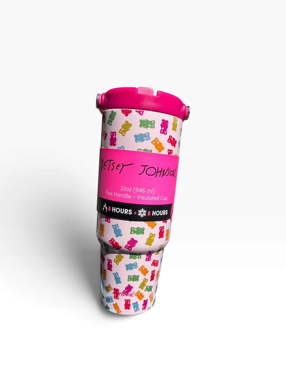 Betsey Johnson Pink Multi Color Gummy Bear Insulated Travel Tumbler Handle 32 Oz
